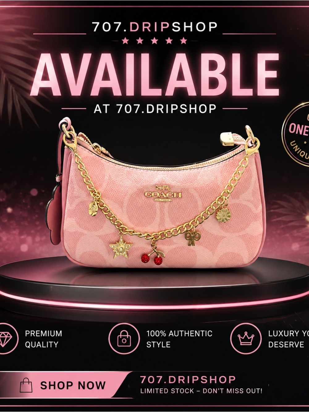 COACH Pink Logo Charm Shoulder Bag with Gold Chain